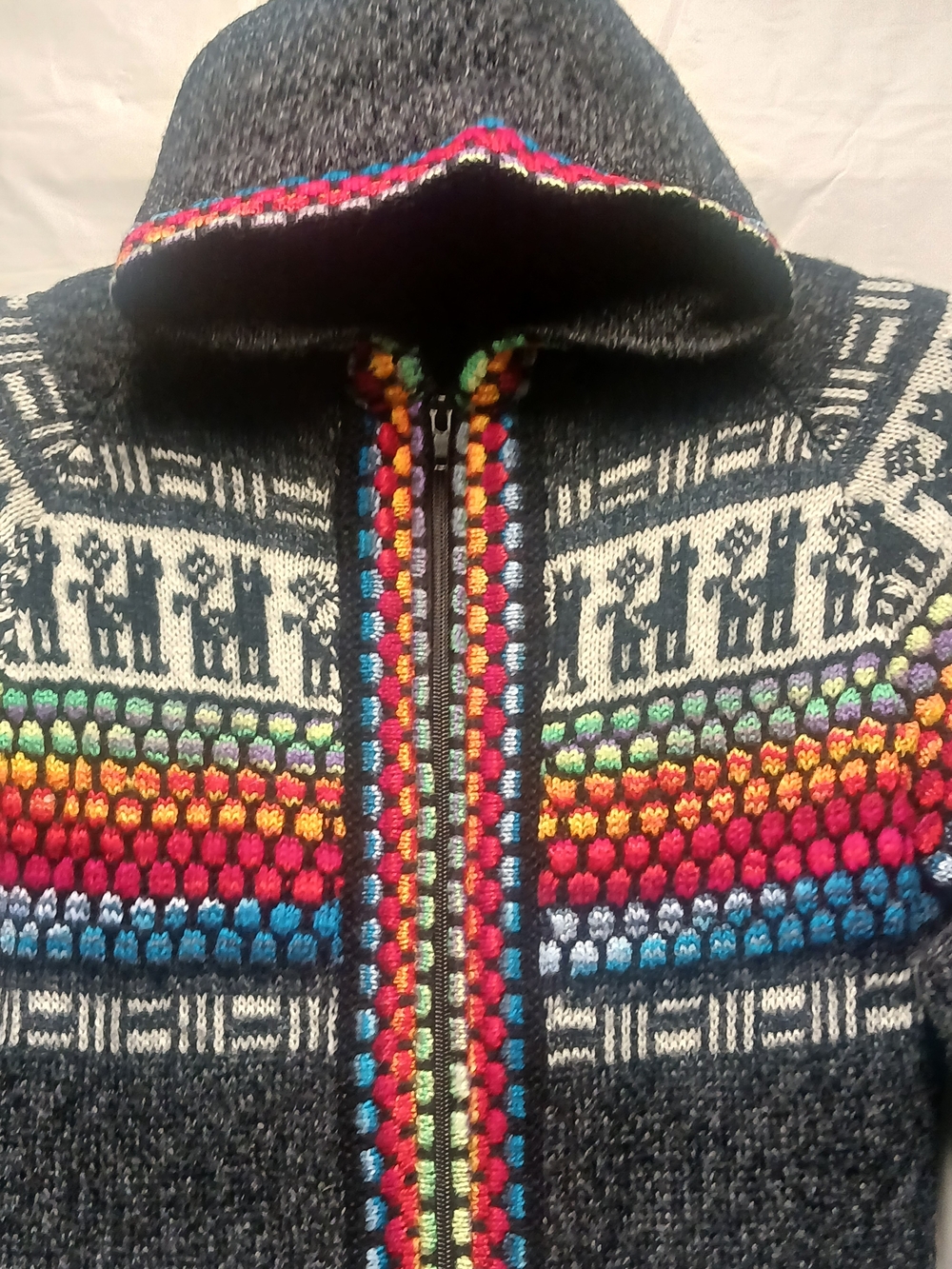 Charcoal Hooded Zip Front Sweater with Multicolor Fair Isle Trim - Picture 3 of 11